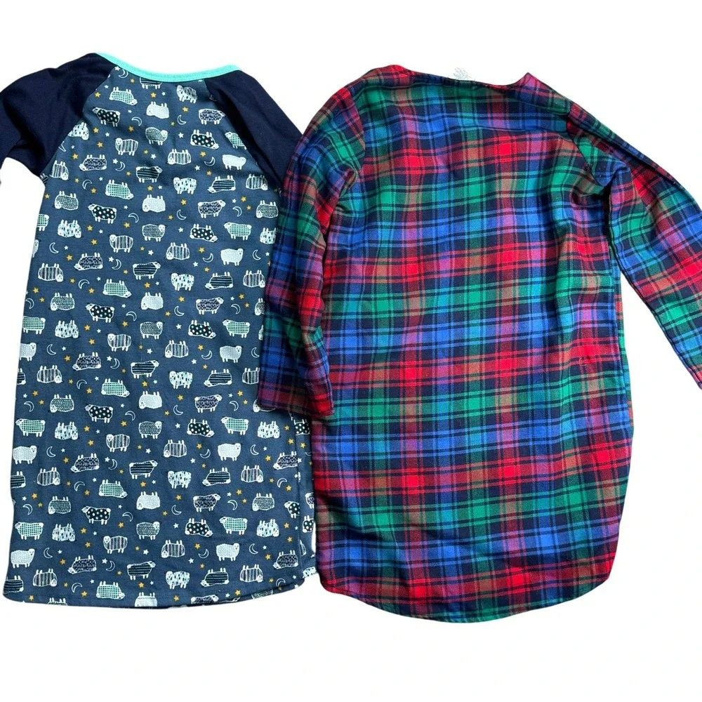 Lands End Girls Nightgown Set 2 Size 6 Plaid Sheep‎ Print Long Sleeve Sleepwear